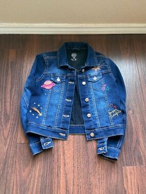 Girl Jean Jacket with Cosmic Decorative Stitching Cotton Blend Size 6Y